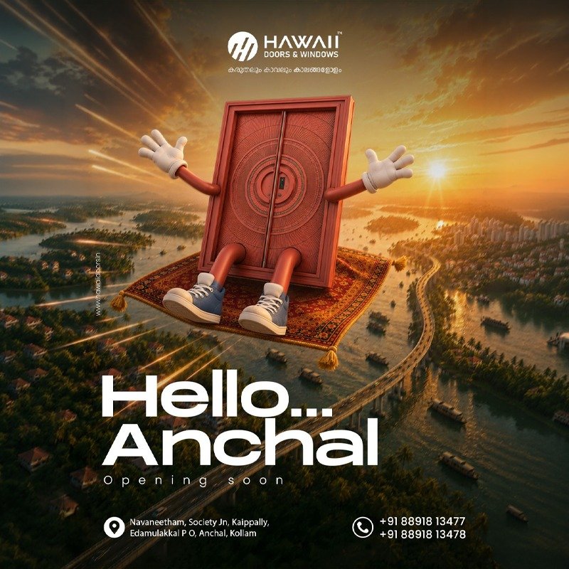 
																																					Hawaii Doors & Windows new showroom opening soon in Anchal Kollam featuring premium steel doors and windows.